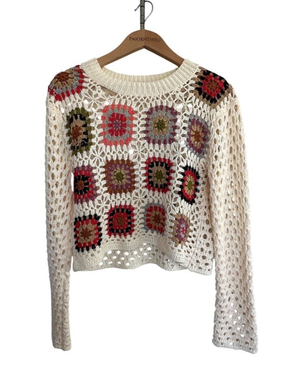 Debut Women's M Crochet Granny Square Open Knit Cream Sweater